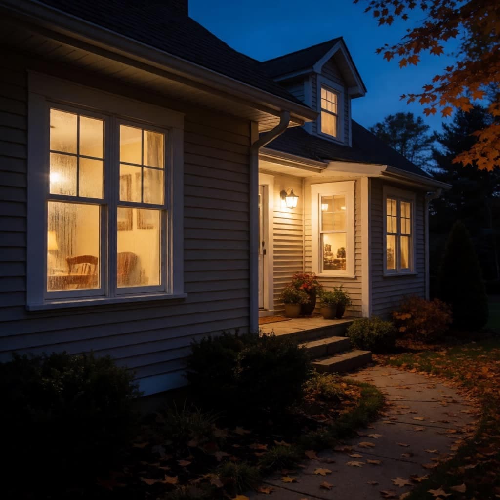 Cozy home on an autumn evening with warm lit windows