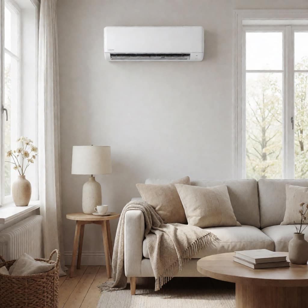 Wall-mounted mini-split unit in a bright living room