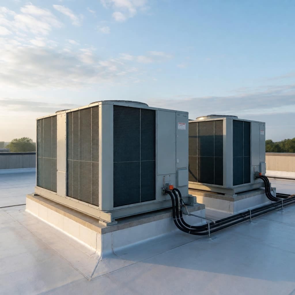 Commercial rooftop HVAC units at sunrise