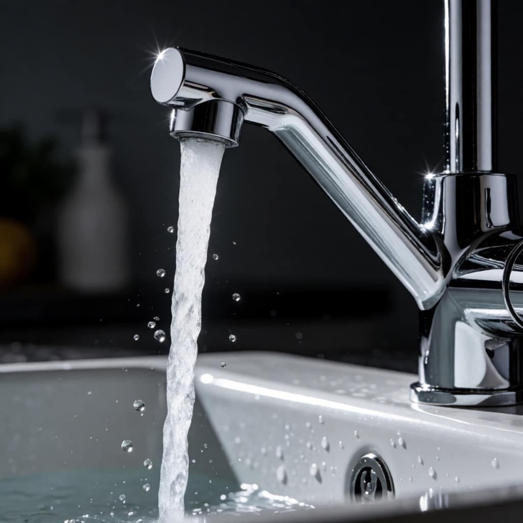 Steady stream of water from a polished kitchen faucet